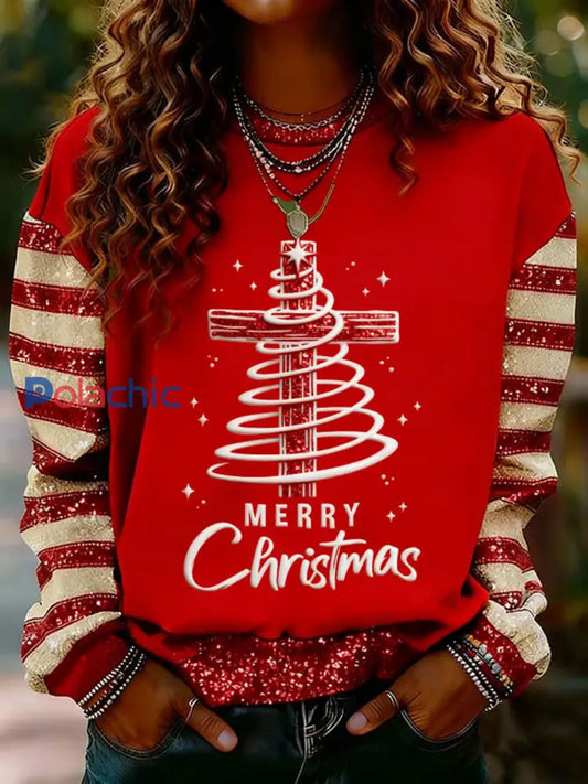 Sweat-shirt décontracté imprimé croix de Noël pour femmes Rouge / S
