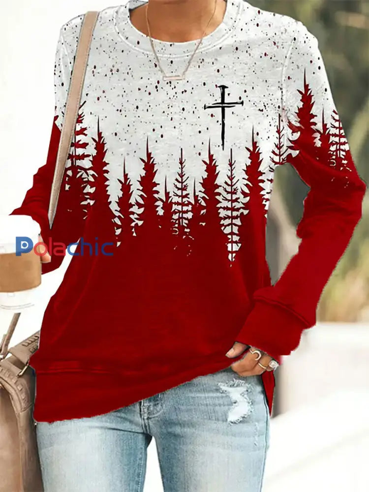 Sweat-shirt décontracté imprimé croix de Noël pour femmes Rouge / S