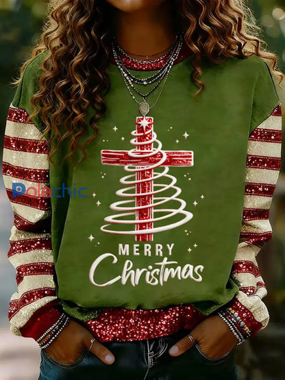 Sweat-shirt décontracté imprimé croix de Noël pour femmes Vert / S