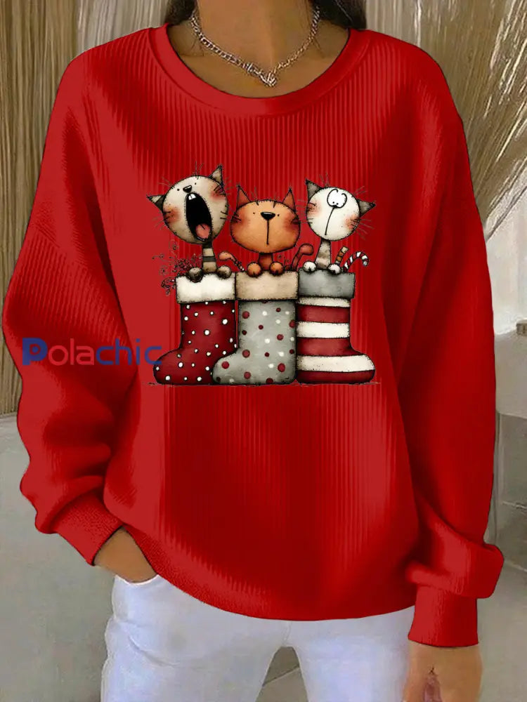 Sweat-shirt décontracté imprimé de Noël pour femmes Rouge / S