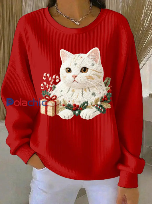 Sweat-shirt décontracté imprimé de Noël pour femmes rouge / S