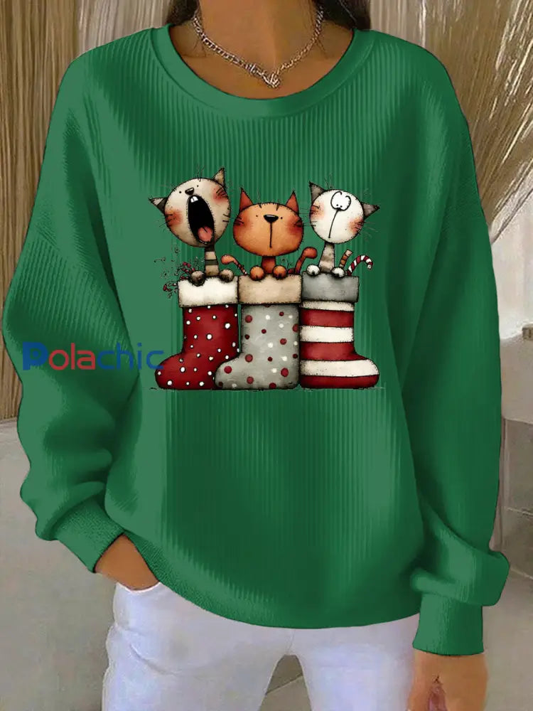 Sweat-shirt décontracté imprimé de Noël pour femmes Vert / S