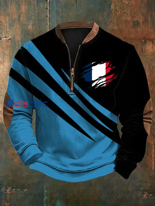 Sweat-shirt décontracté imprimé drapeau de la France pour hommes bleu / S