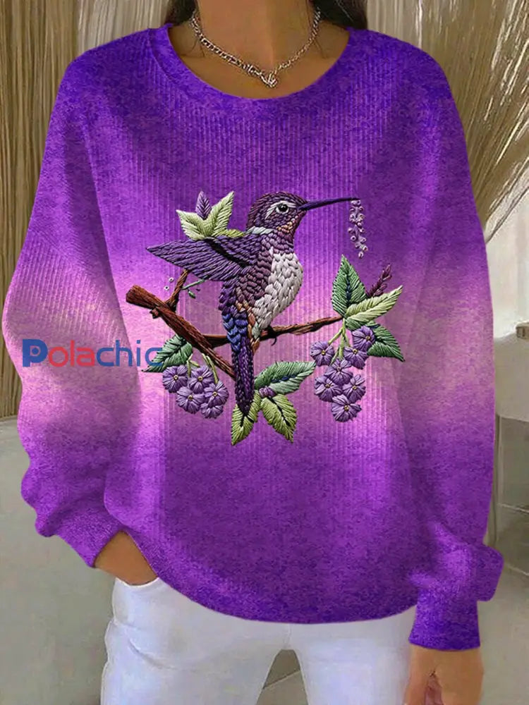 Sweat-shirt Décontracté Imprimé Floral Colibri Violet Pour Femme comme image / S