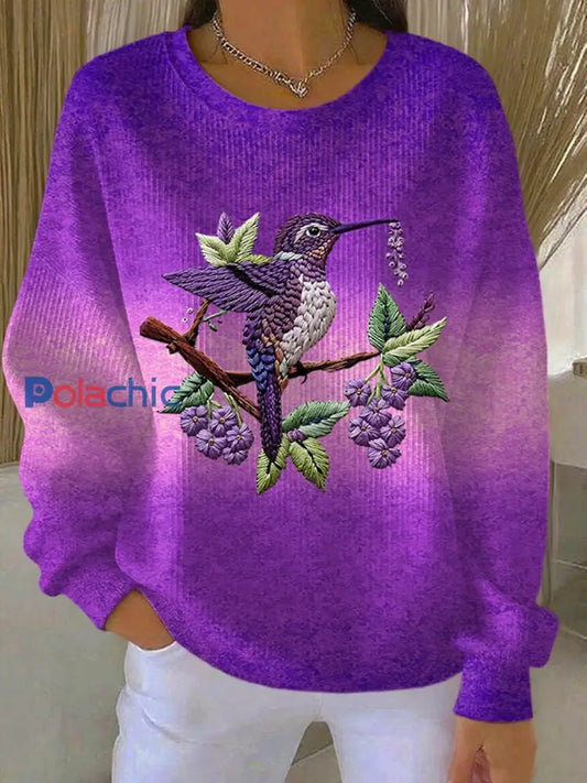 Sweat-shirt Décontracté Imprimé Floral Colibri Violet Pour Femme comme image / S