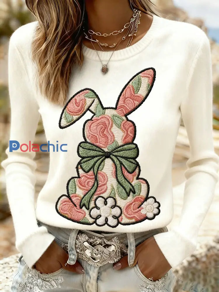 Sweat-shirt décontracté imprimé lapin de Pâques pour femmes Blanc / S