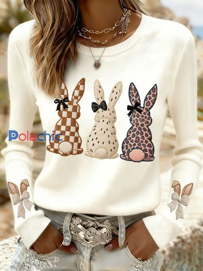Sweat-shirt décontracté imprimé lapin de Pâques pour femmes Blanc / S
