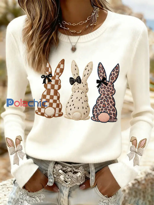 Sweat-shirt décontracté imprimé lapin de Pâques pour femmes Blanc / S