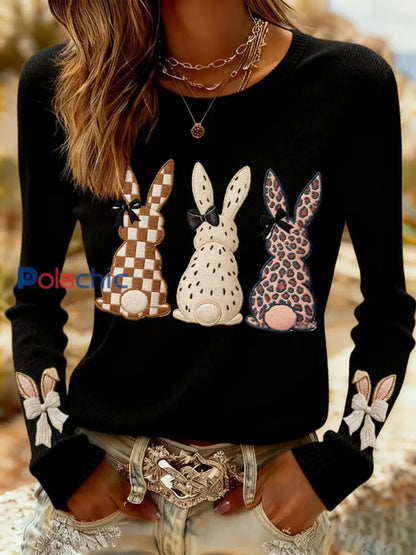 Sweat-shirt décontracté imprimé lapin de Pâques pour femmes Noir / S