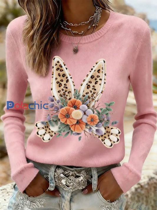 Sweat-shirt décontracté imprimé lapin de Pâques pour femmes Rose / S