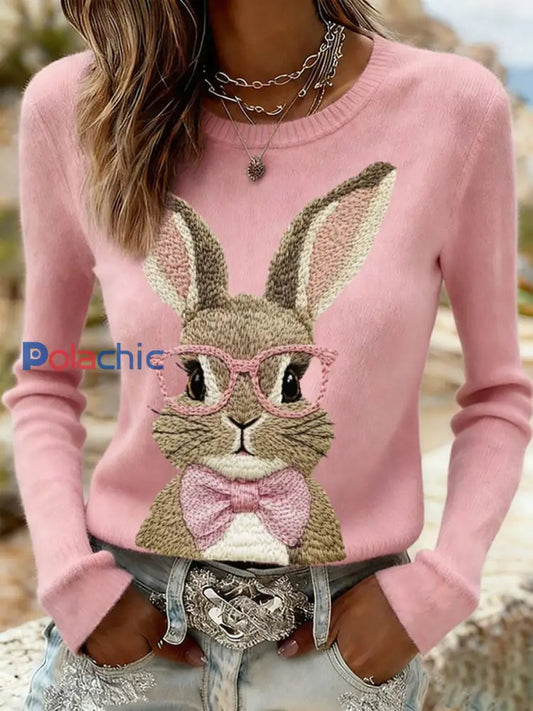 Sweat-shirt décontracté imprimé lapin de Pâques pour femmes rose / S