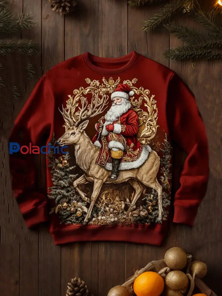 Sweat-shirt décontracté imprimé Père Noël pour hommes Rouge / S