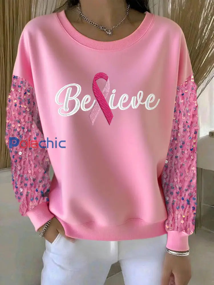 Sweat-shirt Décontracté Imprimé Ruban Rose Pour Femme Rose / S