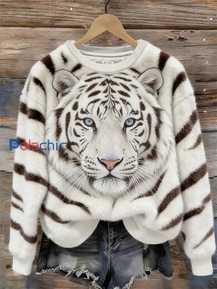 Sweat-shirt décontracté imprimé Tiger Art Femme Blanc / S