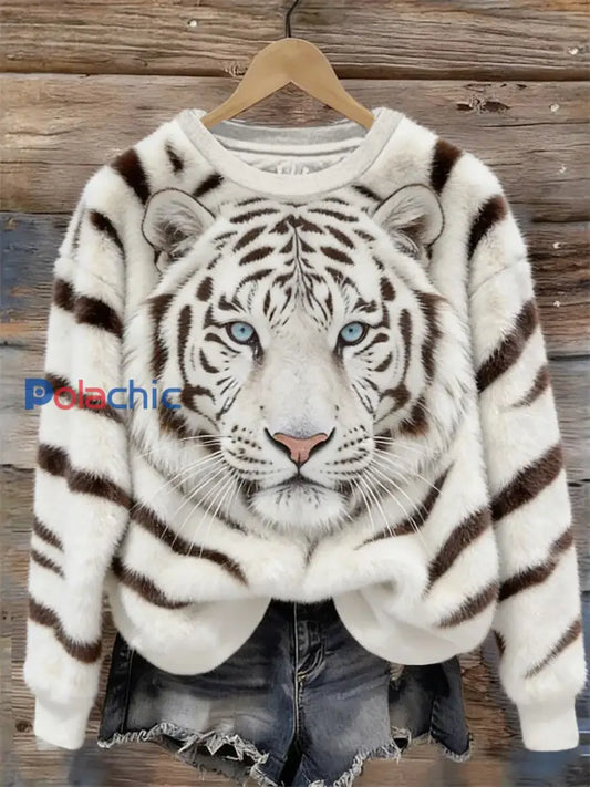 Sweat-shirt décontracté imprimé Tiger Art Femme Blanc / S