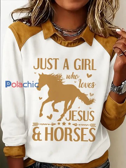 Sweat-shirt décontracté pour femmes Just A Girl Who Loves Jesus And Horses Print Blanc / S