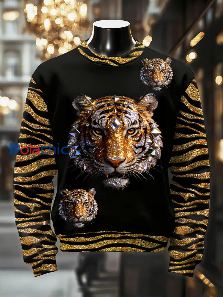 Sweat-shirt décontracté rétro à imprimé tigre pour hommes comme image / S