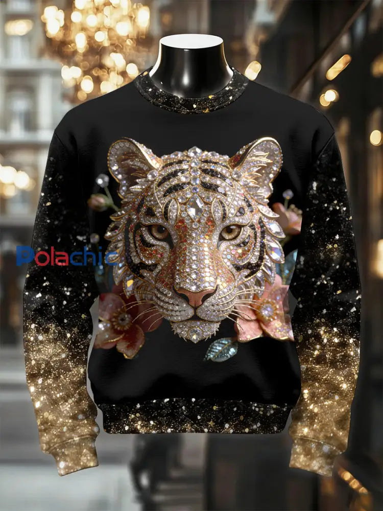 Sweat-shirt décontracté rétro à imprimé tigre pour hommes comme image / S