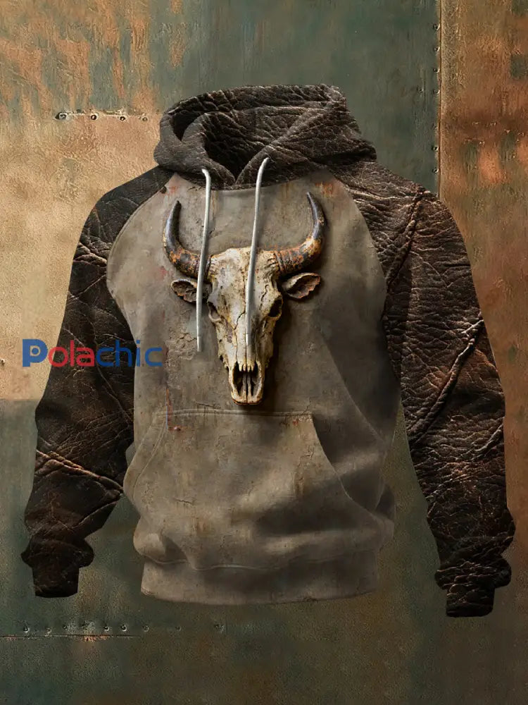 Sweat-shirt décontracté rétro imprimé crâne de vache western comme image / S