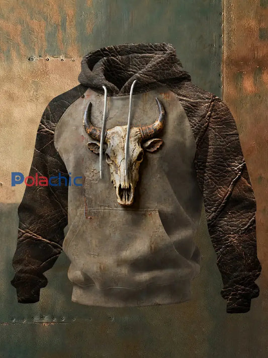 Sweat-shirt décontracté rétro imprimé crâne de vache western comme image / S