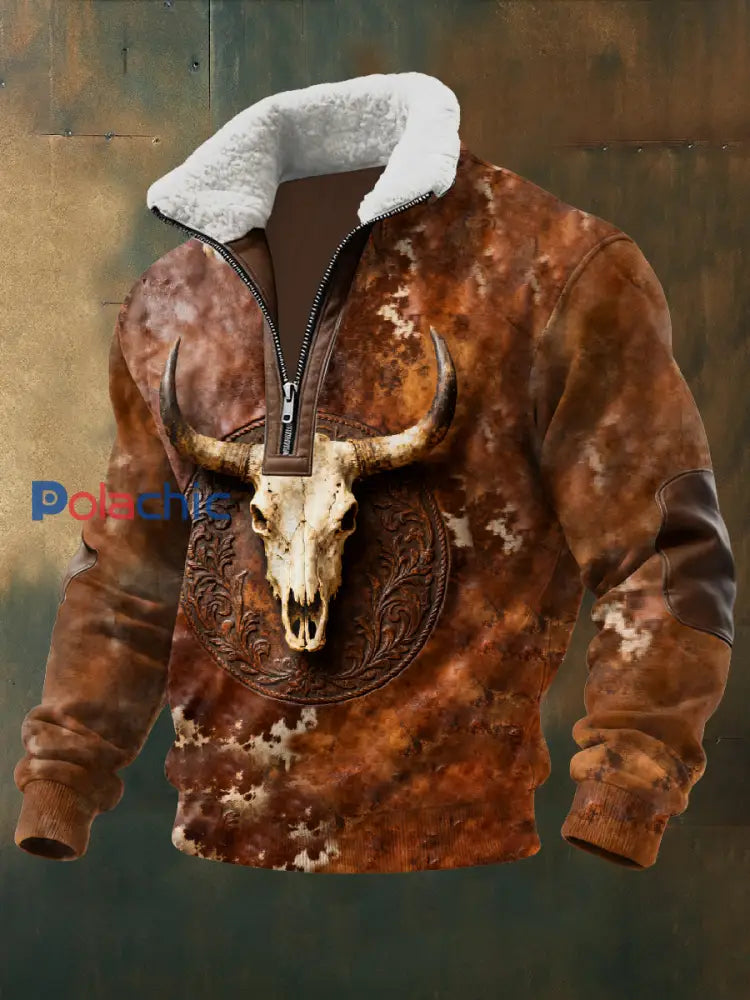 Sweat-shirt décontracté rétro imprimé crâne de vache western comme image / S