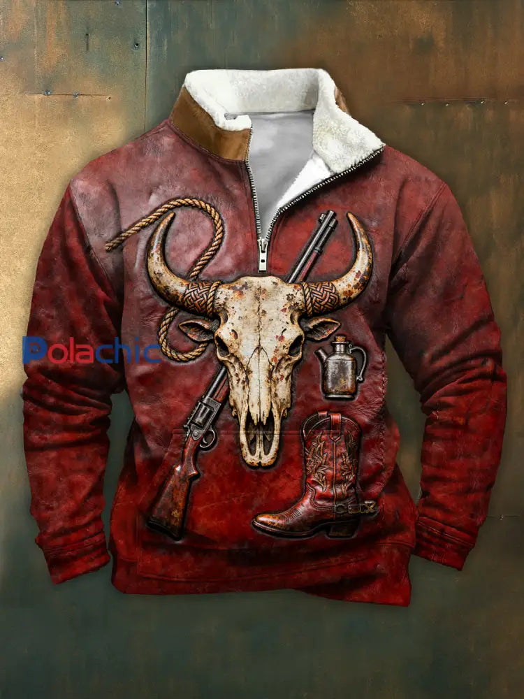 Sweat-shirt décontracté rétro imprimé crâne de vache western comme image / S