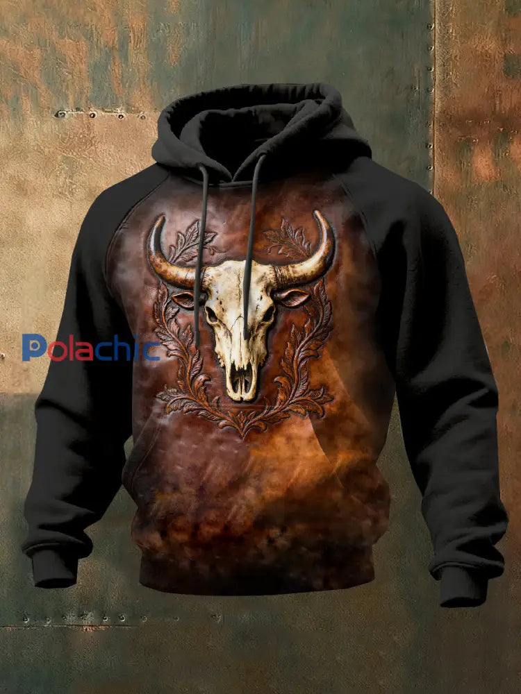 Sweat-shirt décontracté rétro imprimé crâne de vache western comme image / S