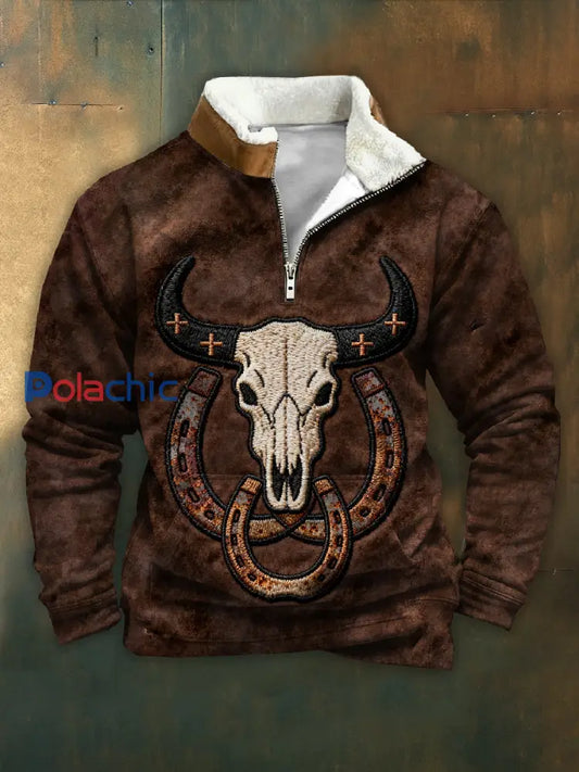 Sweat-shirt décontracté rétro imprimé crâne de vache western comme image / S