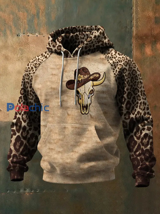 Sweat-shirt décontracté rétro imprimé crâne de vache western comme image / S