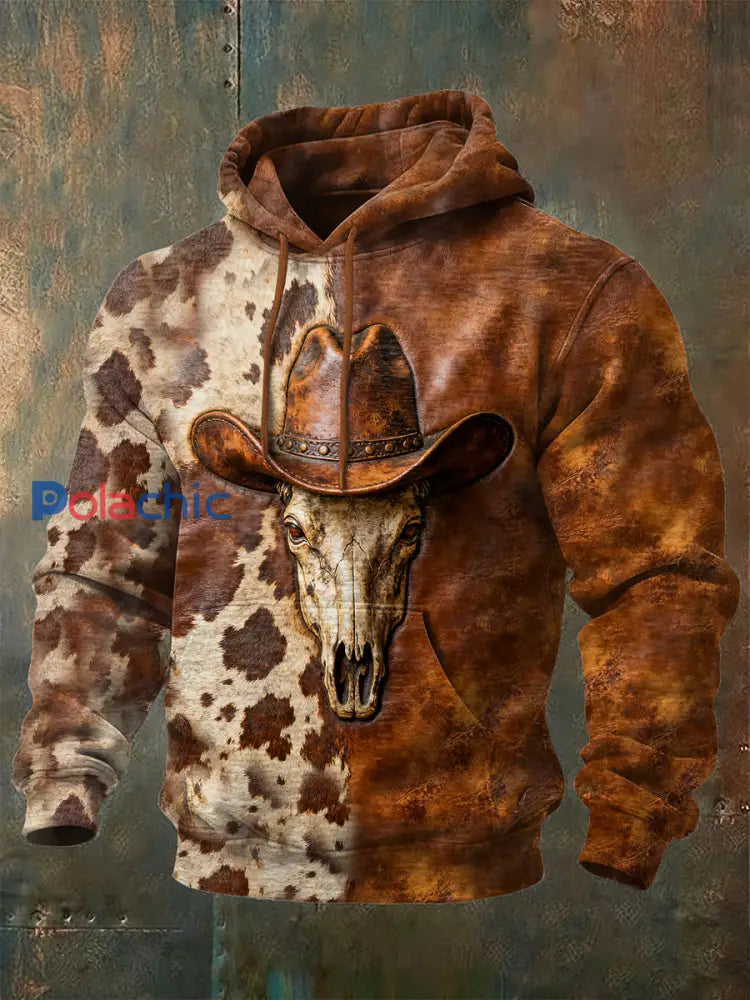 Sweat-shirt décontracté rétro imprimé crâne de vache western comme image / S