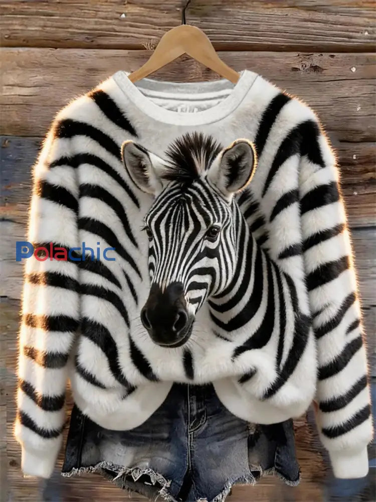 Sweat-shirt Décontracté Zebra Art Print Femme Blanc / S