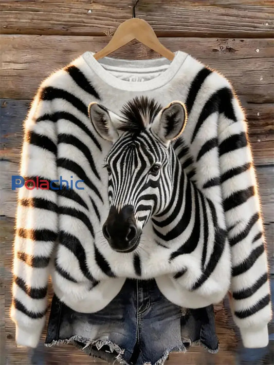 Sweat-shirt Décontracté Zebra Art Print Femme Blanc / S