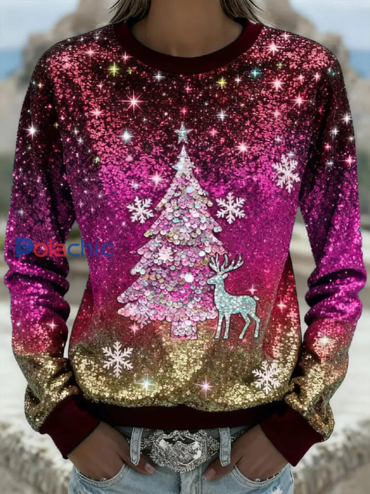 Sweat-shirt Dégradé Arbre de Noël Femme Rose Rouge / S