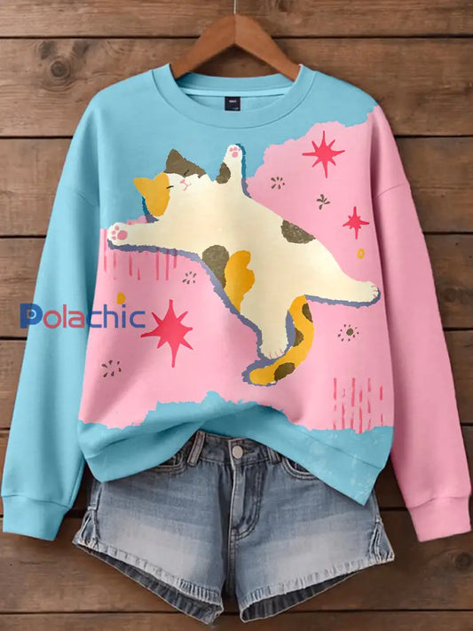 Sweat-shirt drôle d’impression d’art de chat des femmes comme image / S