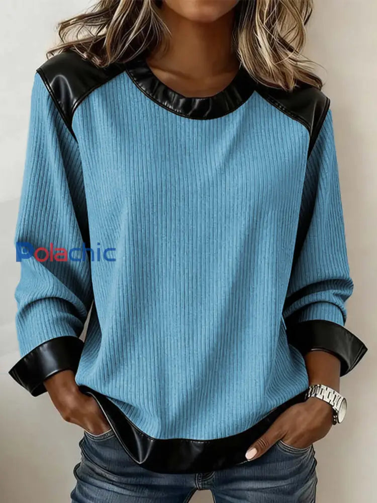 Sweat-shirt en cuir pour femme Patchwork Design Vintage Bleu / S