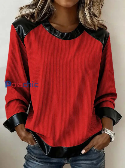 Sweat-shirt en cuir pour femme Patchwork Design Vintage Rouge / S