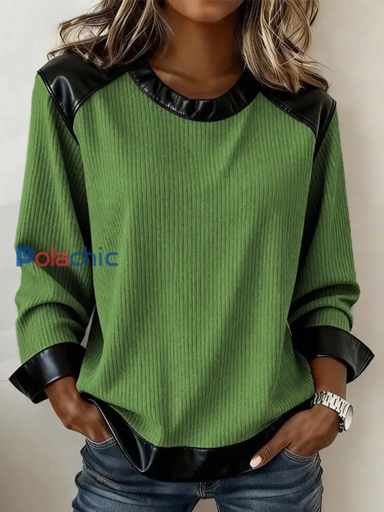 Sweat-shirt en cuir pour femme Patchwork Design Vintage Vert / S