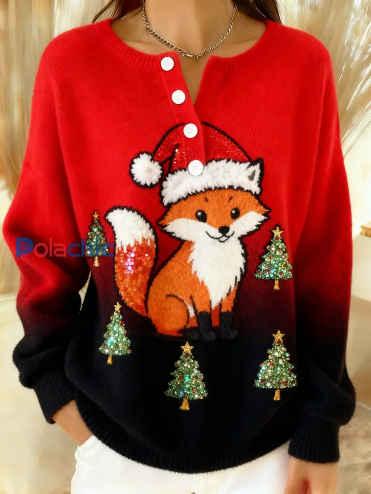 Sweat-shirt en flanelle confortable à imprimé dégradé de renard de Noël rétro Rouge / S