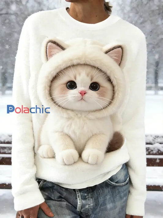 Sweat-shirt en flanelle de chat d’hiver mignon des femmes Blanc / S