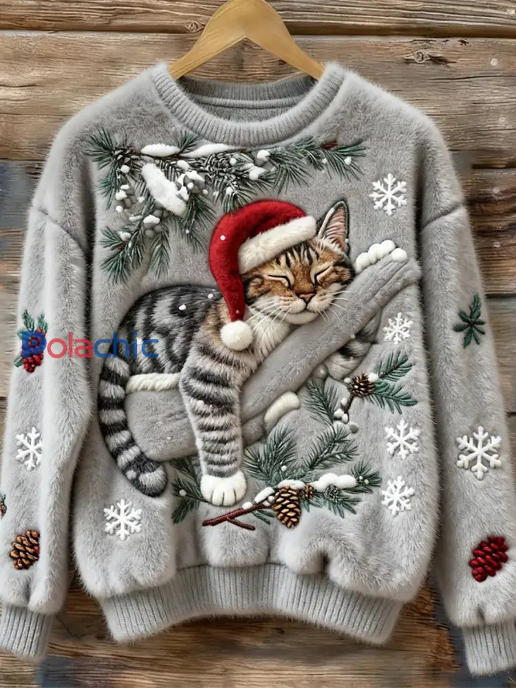 Sweat-shirt en flanelle de chat de sommeil de Noël des femmes Gris clair / S