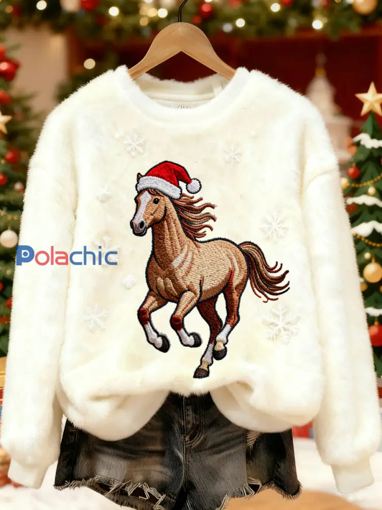 Sweat-shirt en flanelle décontracté à imprimé cheval mignon pour femmes Blanc-Crémeux / S