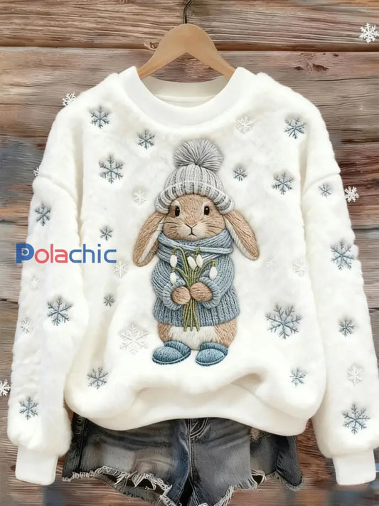 Sweat-shirt en flanelle décontracté à imprimé lapin d’hiver pour femmes Blanc / S