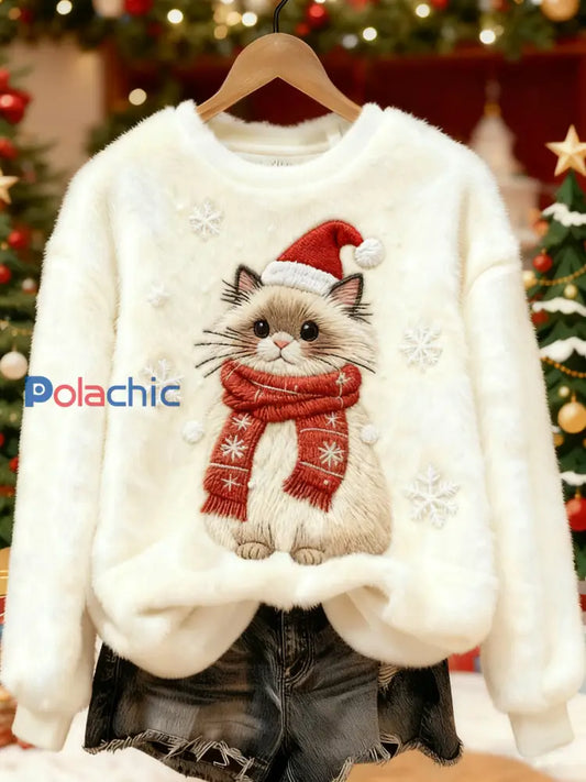 Sweat-shirt en flanelle décontracté imprimé chat de Noël pour femmes Blanc-Crémeux / S