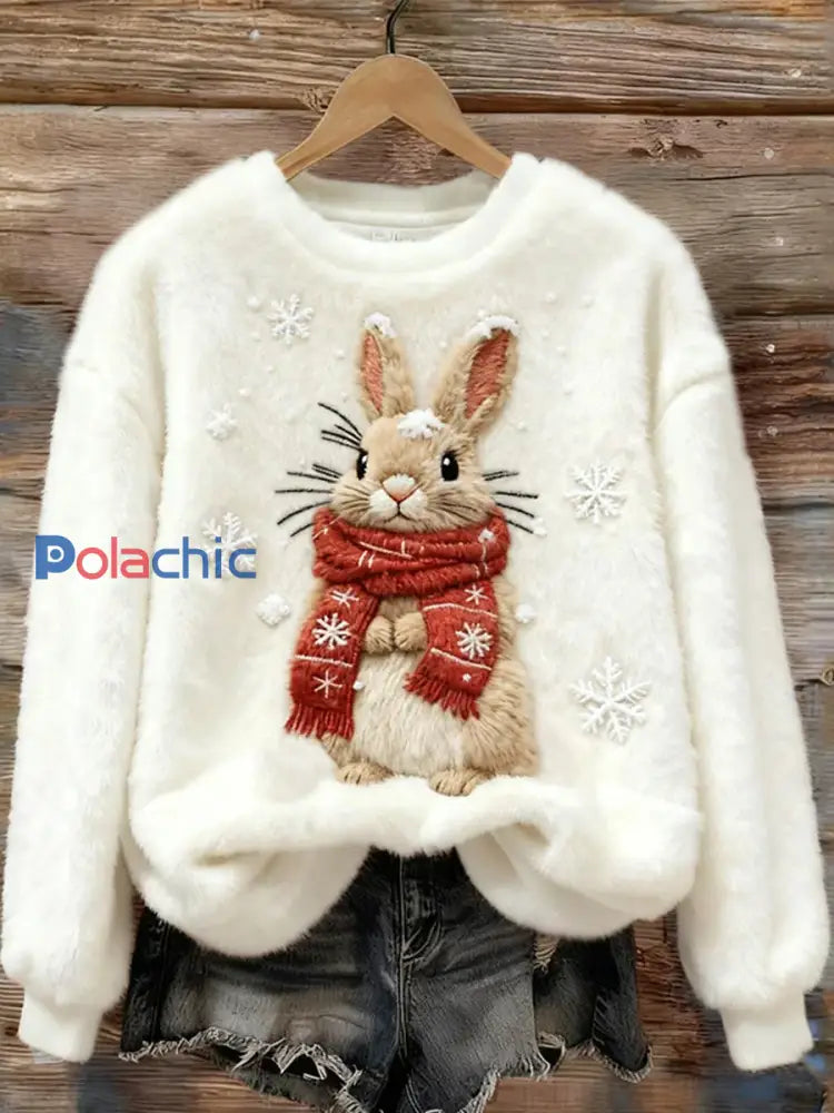 Sweat-shirt en flanelle décontracté imprimé lapin de Noël pour femmes