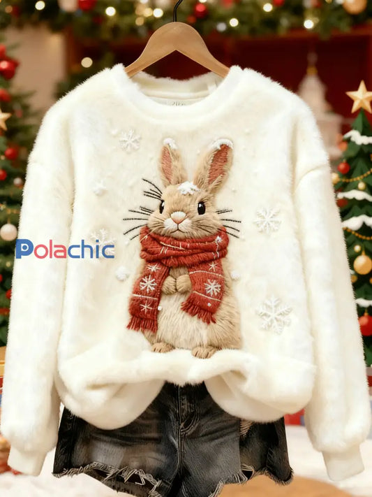 Sweat-shirt en flanelle décontracté imprimé lapin de Noël pour femmes Blanc-Crémeux / S