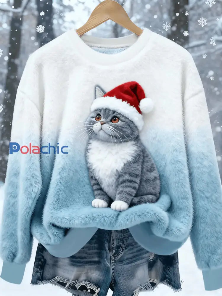 Sweat-shirt en flanelle imprimé chat de Noël vintage femme comme image / S