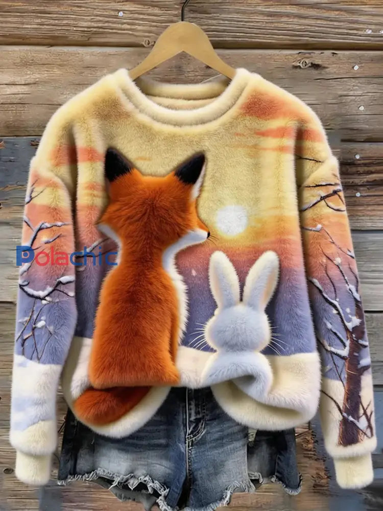 Sweat-shirt en peluche pour femmes Cute Fox And Bunny Art comme image / S