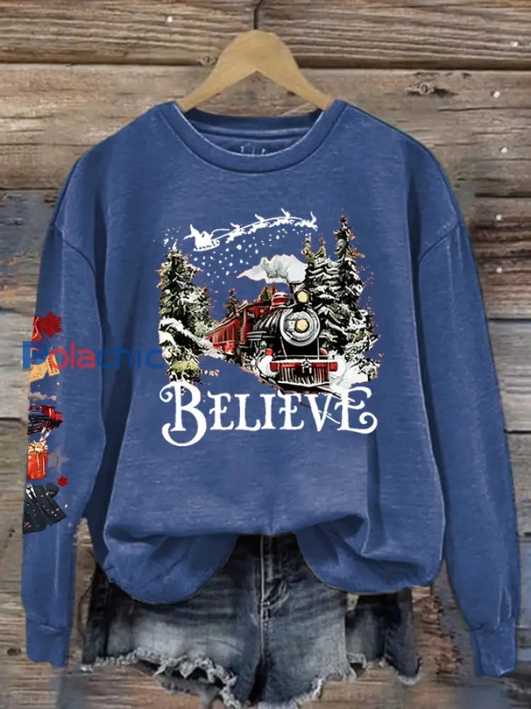 Sweat-shirt en polyester imprimé film de Noël des années 90 pour femme Bleu / S