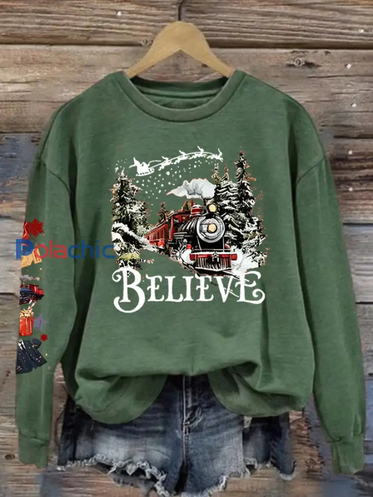 Sweat-shirt en polyester imprimé film de Noël des années 90 pour femme Vert / S