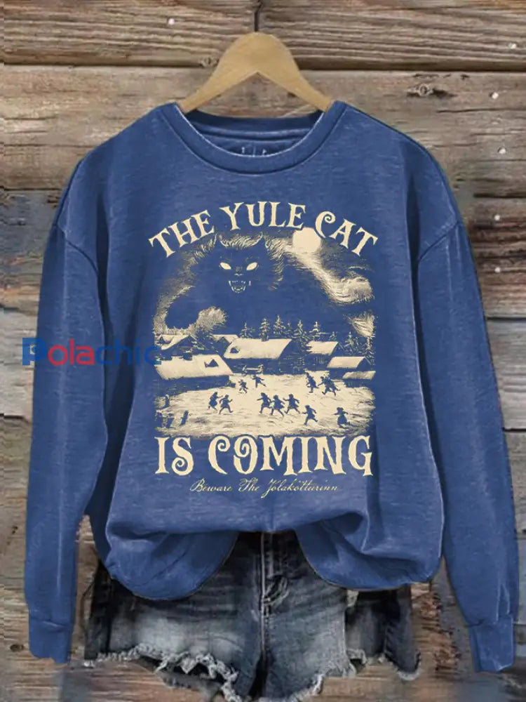 Sweat-shirt en polyester Yule Cat Is Coming avec imprimé art de Noël pour femme Bleu / S